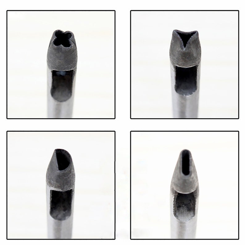K&ouml;nnte beinhalten: Vier verschiedene Leder-Lochwerkzeuge mit verschiedenen Formen, darunter ein Stern, ein Herz, ein Kreis und ein Kreuz. Die Werkzeuge sind aus Metall und haben eine silberne Oberfl&auml;che.