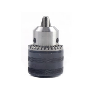 May include: A silver and black drill chuck with a keyless chuck and a black rubber grip. The chuck has a 1/2-inch capacity and is marked "1/2-13".