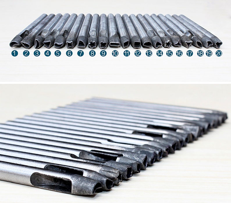 K&ouml;nnte beinhalten: Ein Satz von 20 Metall-Lederlocher mit verschiedenen Formen, darunter Kreise, Quadrate, Sterne, Herzen und mehr. Die Locher sind in zwei Reihen angeordnet, wobei die erste Reihe die verschiedenen Formen zeigt und die zweite Reihe die Locher in einem Stapel zeigt.