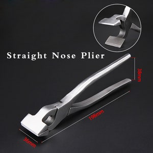 May include: A silver straight nose plier with a 36mm wide jaw, 198mm long, and 38mm tall. The plier is a tool used for bending and shaping metal.