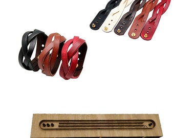 May include: A set of three leather bracelets in black, brown, and red, each with a braided design. The bracelets are shown next to a wooden tool with a cut-out design for making leather bracelets.