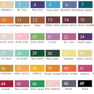 Op de afbeelding: Een kleurenkaart met 50 kleurstalen met bijbehorende nummers en namen. De kleuren vari&euml;ren van wit tot zwart en omvatten tinten blauw, groen, roze, oranje, geel, bruin en paars.