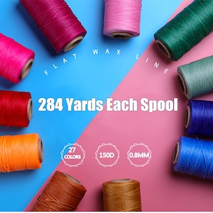 May include: Assortment of 27 colors of flat waxed leather cord spools, each containing 284 yards of 0.8mm thick, 150D cord. The spools are arranged in a circle on a blue and pink background.