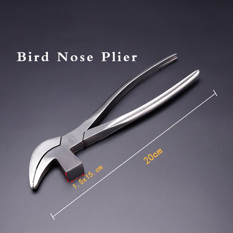 May include: A silver bird nose plier with a 1.5x1.5 cm head and a 20 cm length. The plier is a tool used for bending and shaping metal.