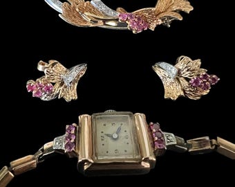 1940s Complete 18Ct Gold Ruby & Diamond Ladies Watch Jewellery Set