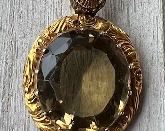 Stunning Victorian Large Smokey Quartz Pendant Set on 15ct Gold & Pinchbeck