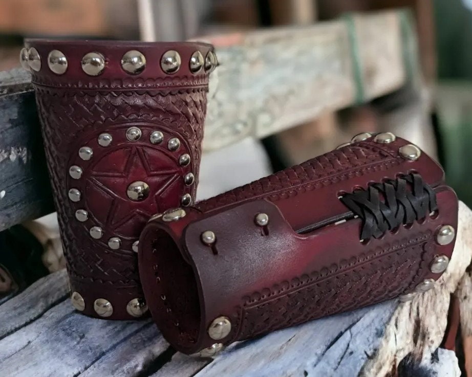 Custom Made Studded Leather COWBOY CUFFS, hand tooled US Shipping included.