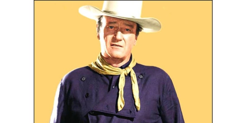 May include: A man wearing a white cowboy hat and a purple shirt with a yellow neckerchief.