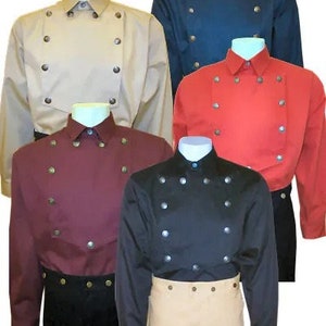 May include: Five long-sleeved shirts with a Western style. The shirts are in different colors: beige, navy blue, red, burgundy, and black. Each shirt has a pointed collar and a row of buttons down the front. The shirts have a unique design with a flap on the front that is held closed with buttons.