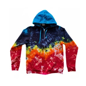 May include: A tie-dye zip-up hoodie with a blue hood and a rainbow pattern of red, orange, yellow, green, and blue.