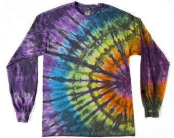 May include: A long-sleeved tie-dye shirt with a circular pattern in shades of purple, blue, green, yellow, orange, and black.