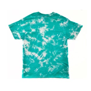 May include: A turquoise tie-dye t-shirt with a white background.