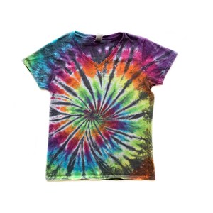 May include: A tie-dye t-shirt with a spiral pattern in shades of purple, blue, green, orange, and black.
