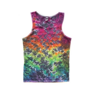 May include: A tie-dye tank top with a rainbow pattern in shades of pink, orange, yellow, green, blue, and purple. The tank top has a black background with a swirling pattern.