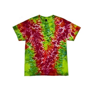 May include: A short-sleeved t-shirt with a vibrant tie-dye pattern. The shirt features a blend of colors, including red, green, and yellow, creating a unique and eye-catching design. The shirt is made of a soft material.