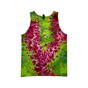May include: A sleeveless vest top featuring a vibrant tie-dye pattern in shades of bright lime green, forest green, and deep magenta. The garment has a scoop neckline and a straight hem, with the colourful dye creating a swirling, organic design.