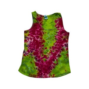 May include: A sleeveless tank top featuring a vibrant tie-dye pattern in shades of lime green and magenta. The garment has a scoop neckline and a curved hemline, with a visible white brand label attached to the inside of the collar area.