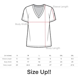 May include: Size chart for a V-neck t-shirt with measurements in inches for sleeve length, body width, and body length. Sizes range from S to 3XL.