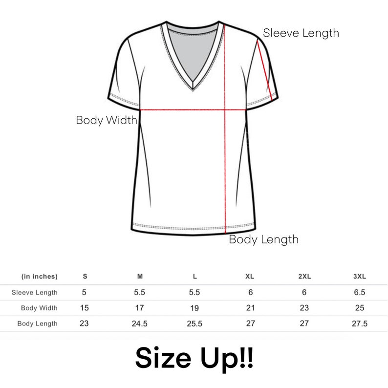 May include: Size chart for a V-neck t-shirt with measurements in inches for sleeve length, body width, and body length. Sizes range from S to 3XL.