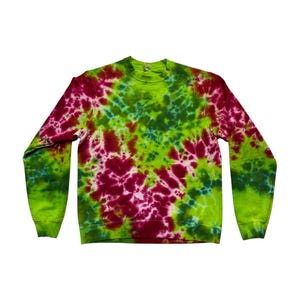 May include: A long-sleeve crewneck sweatshirt featuring a vibrant tie-dye pattern in shades of lime green, forest green, and deep magenta. The garment has a ribbed collar, cuffs, and hem, with the colorful swirling design covering the entire surface.