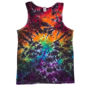 May include: A tie-dye tank top with a rainbow swirl pattern in shades of red, orange, yellow, green, blue, purple, and black.