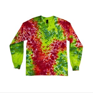 May include: A long-sleeved tie-dye shirt in a vibrant mix of red, green, and yellow. The shirt features a crew neck and a colorful, swirled pattern. The sleeves are long and the fabric appears to be a soft material.