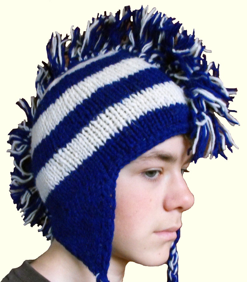 Beanie Mohawk Navy Blue White Stripe Adult Unisex Hat Knit Etsy