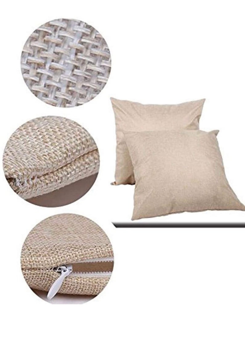 Puede incluir: Dos fundas de coj&iacute;n de lino beige con cierre de cremallera. Las fundas de coj&iacute;n est&aacute;n hechas de un tejido tejido con una textura sutil. Las im&aacute;genes de primer plano muestran el detalle del tejido y la cremallera.