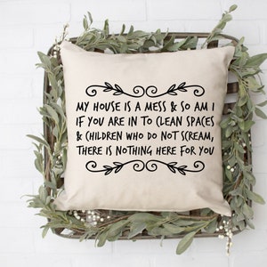 May include: A beige throw pillow with black text that reads "MY HOUSE IS A MESS & SO AM I IF YOU ARE IN TO (CLEAN SPACES & CHILDREN WHO DO NOT SCREAM, THERE IS NOTHING HERE FOR YOU." The pillow is in a decorative basket.
