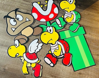 12|15 inches Mario Characters, Goombas and Koopas Backdrop Decorations, Mario Wall Decorations, Piranha Plant and Green Planter