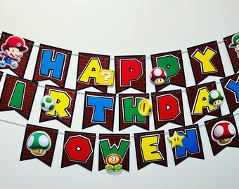 Bannière d'anniversaire Mario 3D, décoration de fête à thème inspirée