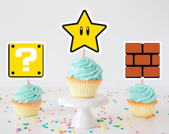Mario Cupcake Toppers, Bricks, Coins, Star, Question Mark
