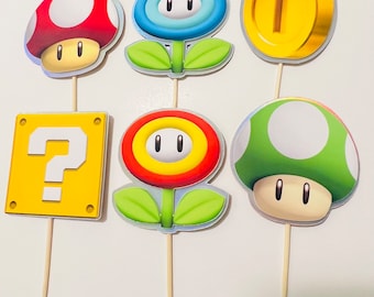 3Dマリオカップケーキトッパー、ホログラフィックパーティーデコレーション