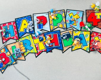 Bannière d'anniversaire 3D Mario, guirlande de fanions