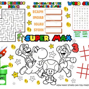 Customize Mario Activity Sheet/Placemat, Personalized Theme Activity Sheet, Mario Inspired Kids Party Placemats, DIGITAL FILE ONLY
