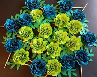 Mint Green and Teal Flower Cupcake Toppers, Set of 10