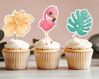 Pink Flamingo Cupcake Toppers, Tropical Party Decoration