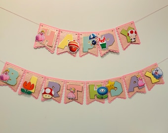 Princess Peach Happy Birthday Banner, Pink Party Decor
