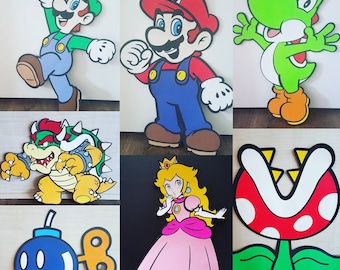 12|15 inches Large Super Mario Standee, Mario and Luigi, Princess Peach, Yoshi, Bowser, Flower and Bomb Die Cuts, Mario Bros. Party Decor