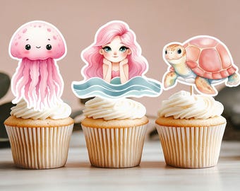 Under the Sea Cupcake Toppers, Mermaid Party Decoration, Sea Animal Toppers, Corals Party Decoration