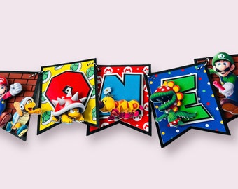 Bannière d'anniversaire 3D Mario, fanion photo brillant