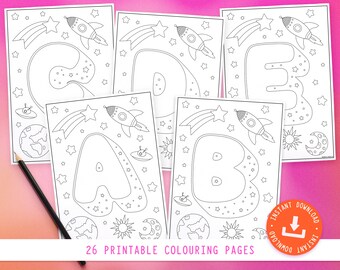Space Alphabet Colouring Sheets, Kids ABC's Birthday Party Colouring Pages - Printable Coloring Sheets, Cute Coloring Pages for Kids