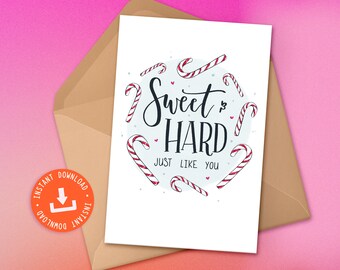 Sweet & Hard Candy Cane PRINTABLE Christmas Card - Handlettered Illustrated Christmas Card, Naughty Christmas, Rude Cards, Adult Christmas
