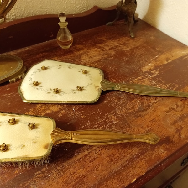 Antique Brass Art Nouveau Vanity Brush and Mirror Set