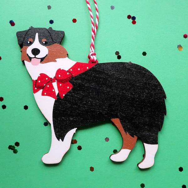 Tri Color Aussie Ornament Personalize Handmade Wooden Dog Ornament Australian Shepherd Christmas Tree Ornament Gift for Aussie Lovers