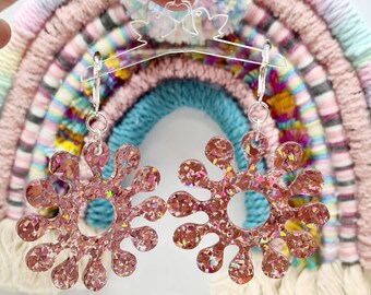 Extra Large glittered acrylic flower laser cut earrings, 6 petals and 12 petals frangipany