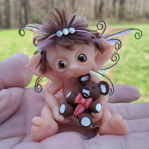 Fairy Baby Miniature with Teddy Bear, Handmade, Made to Order, Fantasy Baby