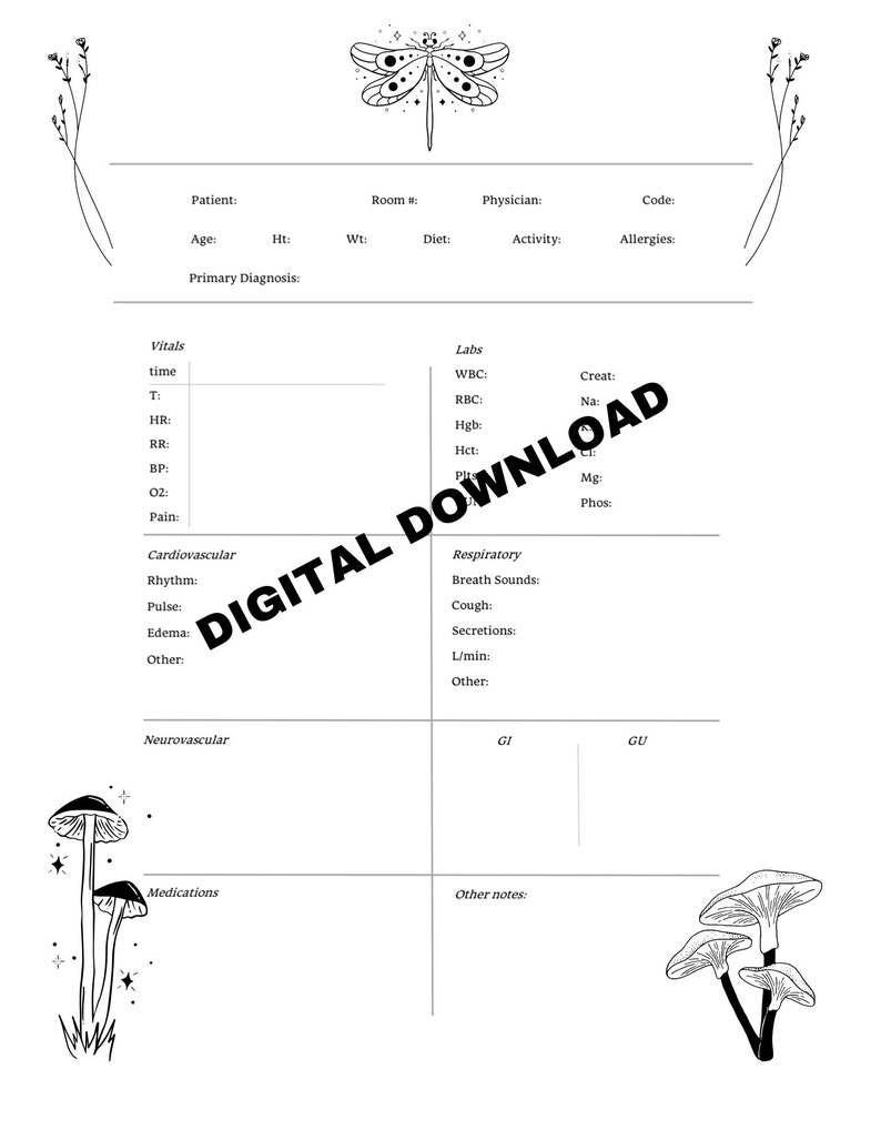 Printable Nurse Report Sheet Cottagecore easy Pdf Download Etsy