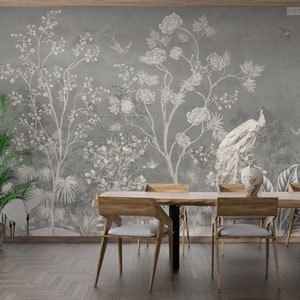 Gray wall painting with landscape of plants, flowers and peacocks in vintage, old, old Chinese style