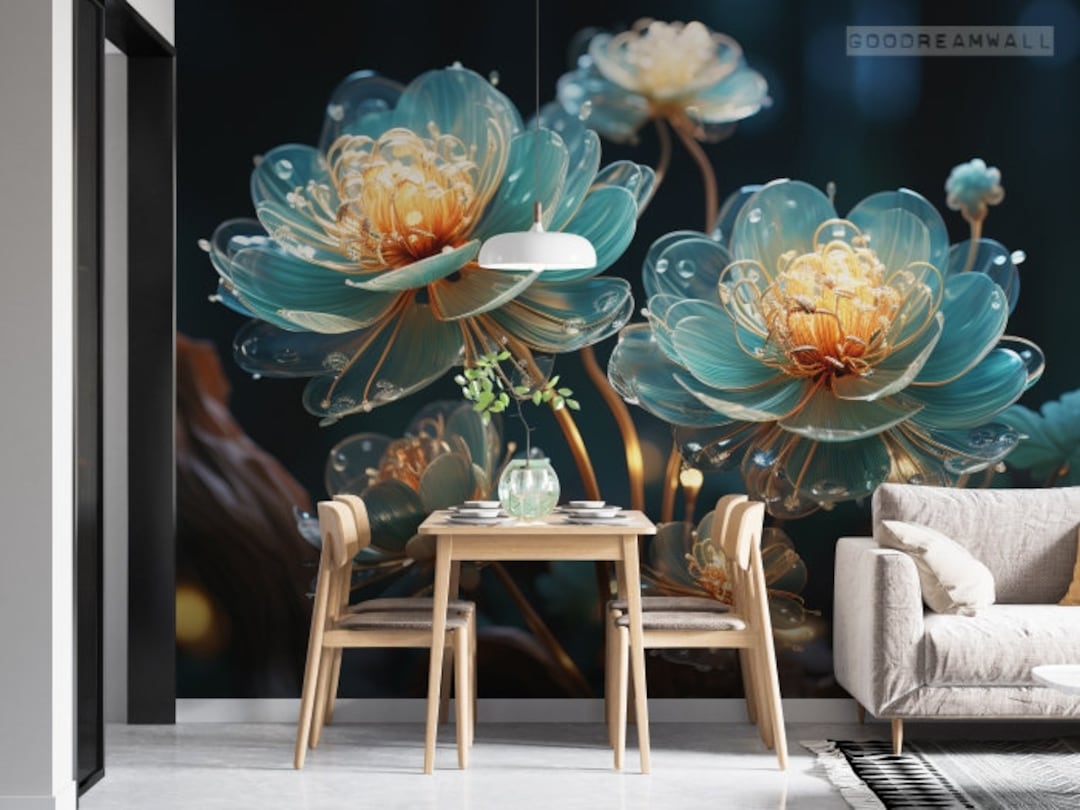 Blue Crystal Flower Dark Background Mural, Custom Wallpaper - Etsy